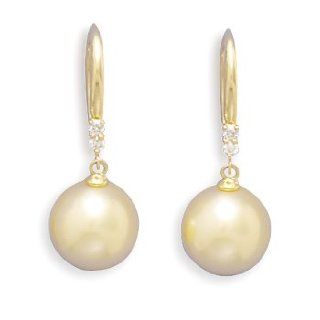 10mm Cultured South Sea Pearl and Diamond 18K Yellow Gold French Wire Earrings: Jewelry