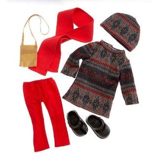 Journey Girls Doll 18 inch Fashion Outfit   Gray & Red Sweater with Hat, Red Leggings and Black Mary Jane Shoes: Toys & Games