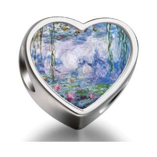 Soufeel 925 Sterling Silver art Of Water Lilies Painting Heart Photo European Charms Fit Pandora Bracelets: Bead Charms: Jewelry