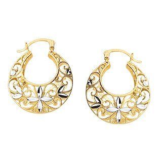 14K Two Tone Gold Diamond Cut Filigree Open Hoop Earrings Jewelry