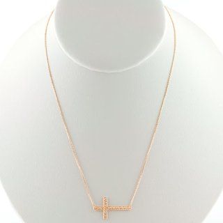 14 Karat Rose Gold Sideways Diamond Cut Cross Adjustable Necklace: Jewelry