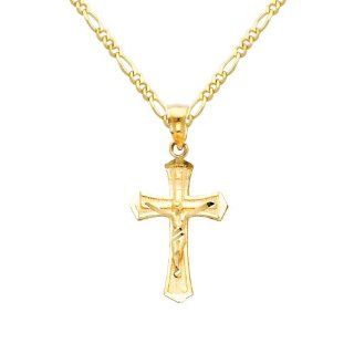 14K Yellow Gold Jesus Cross Religious Charm Pendant with Yellow Gold 1.6mm Figaro Chain Necklace with Spring Clasp   Pendant Necklace Combination (Different Chain Lengths Available): Jewelry