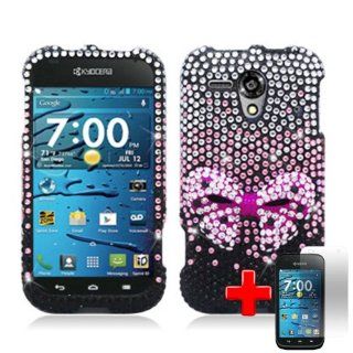 Kyocera Hydro EDGE C5215 (Sprint/Boost Mobile) 2 Piece Snap On 3D Rhinestone/Diamond/Bling Hard Plastic Case Cover, 3D Pink Bow Tie Silver/Black Case Cover + LCD Clear Screen Saver Protector Cell Phones & Accessories