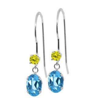 1.23 Ct Oval Swiss Blue Topaz Canary Diamond 14K White Gold Earrings Jewelry