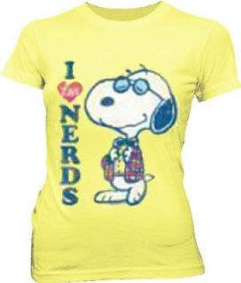 Peanuts Snoopy I Heart Love Nerds Banana Cream Yellow Juniors T Shirt Tee (X Large): Novelty T Shirts: Clothing