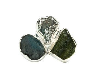 Charles Albert Tri Stone Silver Ring Moldavite Meteorite Tektite R0353: Jewelry