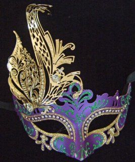Womens Purple Green and Gold Mardi Gras Venetian Masquerade Mask with Gold Laser Cut Metal: Toys & Games