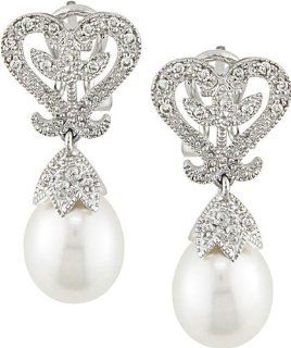 10k White Gold 8 8.5 MM Freshwater Cultured Pearl, and Accent Diamond Earrings (0.1 Cttw, G H Color, I1 I2 Clarity): Jewelry