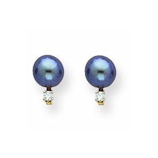 14K Gold 5.5mm Black Pearl Diamond earring Jewelry