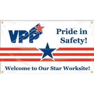 Accuform Signs MBR474 Reinforced Vinyl Motivational VPP Banner "Pride In Safety! Welcome To Our Star Worksite!" with Metal Grommets, 28" Width x 4' Length, Blue/Red on White: Industrial Warning Signs: Industrial & Scientific