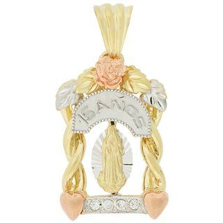 14k Tricolor Gold, 15 Anos Virgin Guadalupe Pendant Charm Fancy Arch Flower & Heart Design: Jewelry
