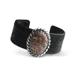 Sterling Silver Leopard Jasper Black Leather Embossed Cuff Bracelet: Jewelry