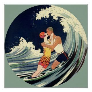 Vintage Art Deco Love Romantic Kiss Beach Wave Posters