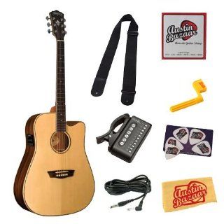 Washburn WD25SCE Dreadnought Cutaway Acoustic Electric Guitar Bundle with 10 Foot Instrument Cable, Tuner, Strap, Strings, String Winder, Pick Card, and Polishing Cloth   Natural: Musical Instruments