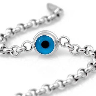 14K White Gold Evil Eye Bracelet with quality double sided blue glass evil eye bead: Link Charm Bracelets: Jewelry