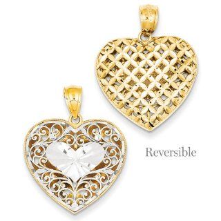 Reversible Filigree And Basket Weave Heart 14K Two tone Gold Pendant Jewelry