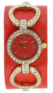 Red Leather Bracelet Watch Accented with Clear Rhinestones: Watches
