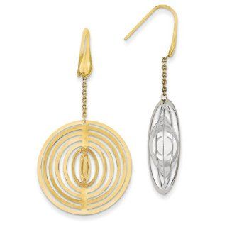 14K Yellow Gold and Rhodium Polished 3 dimensional Circle Dangle Earrings: Jewelry