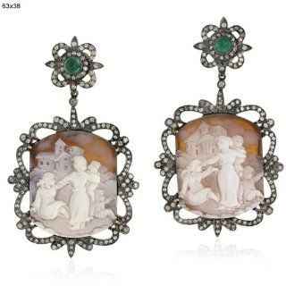 18kt Gold Diamond Pave Gemstone Cameo Dangle Earrings Silver Antique Style Jewelry: Jewelry