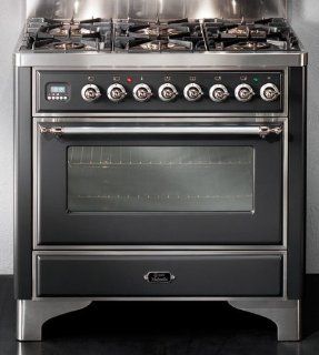 Ilve Majestic Collection: UM906MPM 36'' Freestanding Dual Fuel Range with 6 Sealed Burners, 2.8 cu. ft. Oven Capacity, European Convection Oven, Manual Clean, Rotisserie System and Plate Warming Drawer: Matte Black ( Brass Trim (Standard)): Applian