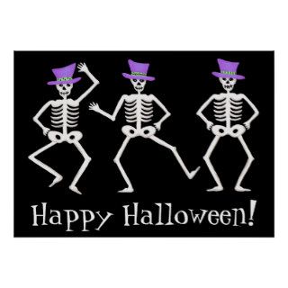 Black White Dancing Skeletons Happy Halloween Posters