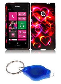 Red and Pink Neon Hearts Design Shield Case + Atom LED Keychain Light for Nokia Lumia 521 / 520: Cell Phones & Accessories