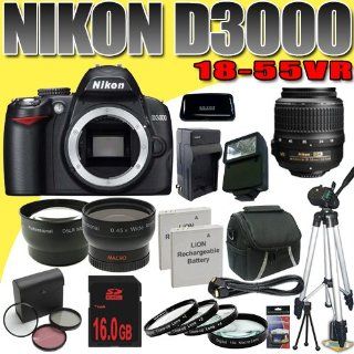 Nikon D3000 10.2MP Digital SLR Camera with 18 55mm f/3.5 5.6G AF S DX VR Nikkor Zoom Lens + TWO EN EL9 Replacement Lithium Ion Batteriesw/ External Rapid Charger + 16GB SDHC Class 10 Memory Card + 52mm Macro Close Up Kit + Wide Angle / Telephoto Lenses + 