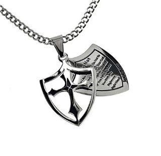 Christian Mens Stainless Steel Abstinence 2 Piece Shield "Fear Not   For I Am with You; Do Not Be Dismayed, for I Am Your God. I Will Strengthen You and Help You; I Will Uphold You with My Righteous Right Hand" Isaiah 4110 Purity Necklace on a 2