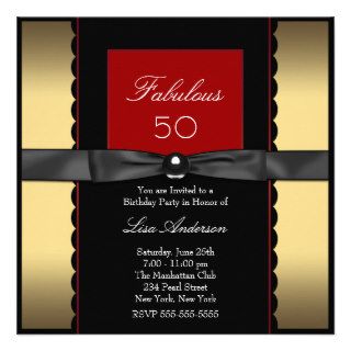Womans Gold Black Red 50th Birthday Party Announcement
