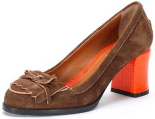 Fendi Austen Cocoa Powder Suede Mid Heel Loafer Pump Shoes