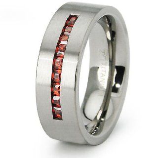 Ladies Titanium Band with Garnet Colored CZs   Size 8: Rings: Jewelry