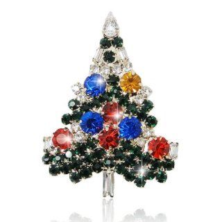 Christmas Tree Gold Tone Flower Art Deco Brooch Multicolor Austrian Crystal A02355 8 Jewelry