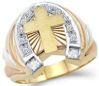 14k Yellow n Rose Gold Mens Large Cross Horse Shoe Ring Jewelry