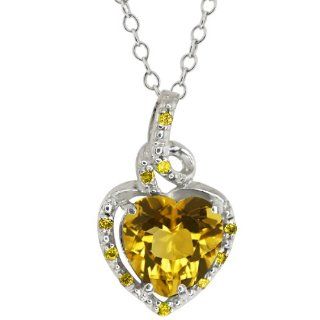 1.66 Ct Heart Shape Yellow Citrine and Canary Diamond 14k White Gold Pendant: Jewelry