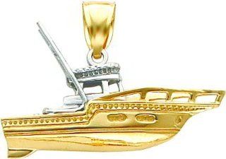 14K Two Tone Gold 3D Fishing Boat Pendant Charm Jewelry: Jewelry