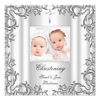 Twin Baby Girl Boy Christening Baptism White Announcements
