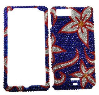 IMAGITOUCH(TM) Motorola MB810 Droid X MB870 Droid X2 Full Diamond Rhinestone Case Cover Protector   Red Silver Flowers on Blue: Cell Phones & Accessories