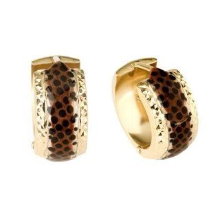 14KT Yellow Gold Diamond Cut Leopard Enamel Hinged Hoop Earrings: Jewelry