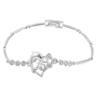 14k White Gold, 15 Anos Quinceanera Heart Dolphin Bracelet with Lab Created Gems 14mm Wide: Link Bracelets: Jewelry