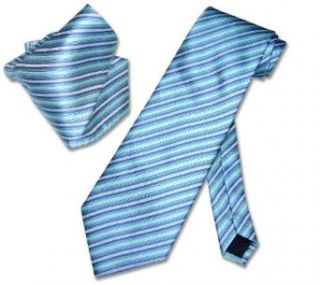 Turquoise Blue White Stripes NeckTie Handkerchief Matching Neck Tie Set at  Mens Clothing store