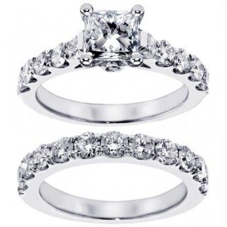 2.74 CT Split Prong Princess Cut Diamond Engagement Set in Platinum: Engagement Rings: Jewelry
