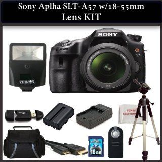 Sony Alpha SLT A57 Digital SLR Camera Kit with 18 55mm Lens. Package Includes: Sony Alpha SLT A57 DSLR Camera with Sony 18 55mm f/3.5 5.6 DT AF Zoom Lens, 16GB Memory Card, Memory Card Reader, Flash, HDMI Cable, Full Size Tripod, Large Carrying Case, Exten