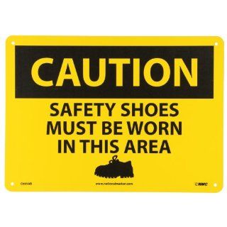 NMC C603AB OSHA Sign, Legend "CAUTION   SAFETY SHOES MUST BE WORN IN THIS AREA" with Graphics, 14" Length x 10" Height, Aluminum, Black on Yellow: Industrial Warning Signs: Industrial & Scientific