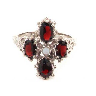 14K Solid English White Gold Ladies Fiery Opal & Garnet Ring   Finger Sizes 5 to 12 Available   Ideal for Special Birthday, Anniversary, Valentines Day or Mothers Day Gift: Jewelry