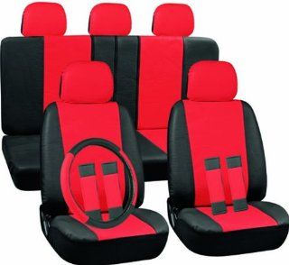 Oxgord 17pc Set PU Leather / Red & Black Auto Seat Covers Set   Airbag Compatible   Front Low Back Buckets   50/50 or 60/40 Rear Split Bench   5 Head Rests   Universal Fit for Car, Truck, Suv, or Van   FREE Steering Wheel Cover: Automotive