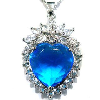 Aquamarine Color CZ Heart Silver Tone Pendant with 18"Necklace P5593: Jewelry