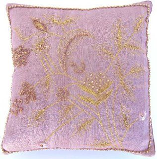 Whimsy Floral Embroidered & Beaded Silk Pillow Cushion Cover 10" x 10" Purple Lavender Lilac Gold : Throw Pillows : Everything Else