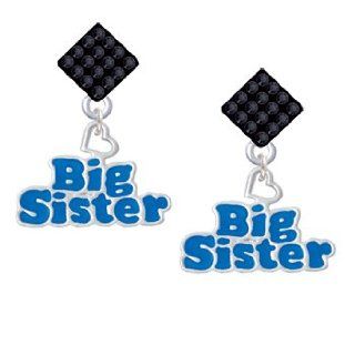 Royal Blue "Big Sister" with Heart Jet Black Crystal Diamond Shaped Lulu Post: Dangle Earrings: Jewelry