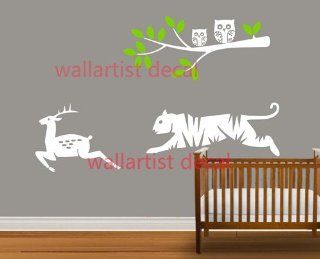 Running Fawn and Tiger Tree Branch with Owls Leaf Home House Art Decals Wall Sticker Vinyl Wall Decal Stickers Baby Livng Bed Room 629 
