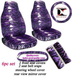 6 Piece set. Purple Tiger seat covers, steering wheel cover, seat belt cover and rear view mirror cover. Universal seat covers.: Automotive